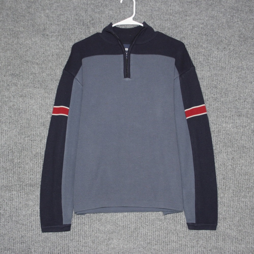 transnine Mens Sweater‎ Medium 1/4 Zip Pullover Gray Navy Red Stripe